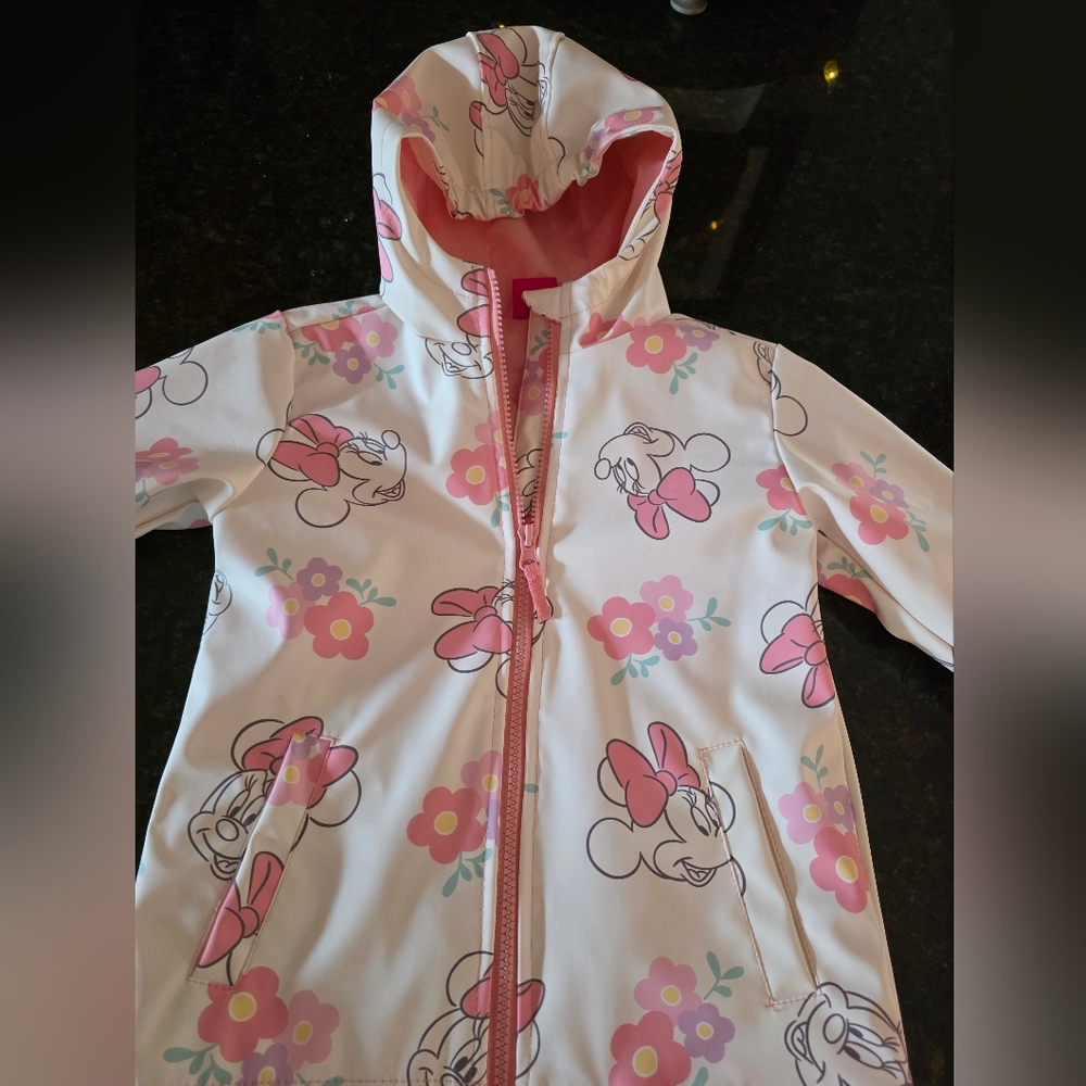 Girls Cream/Pink Floral Minnie Mouse Hooded Rain Jacket